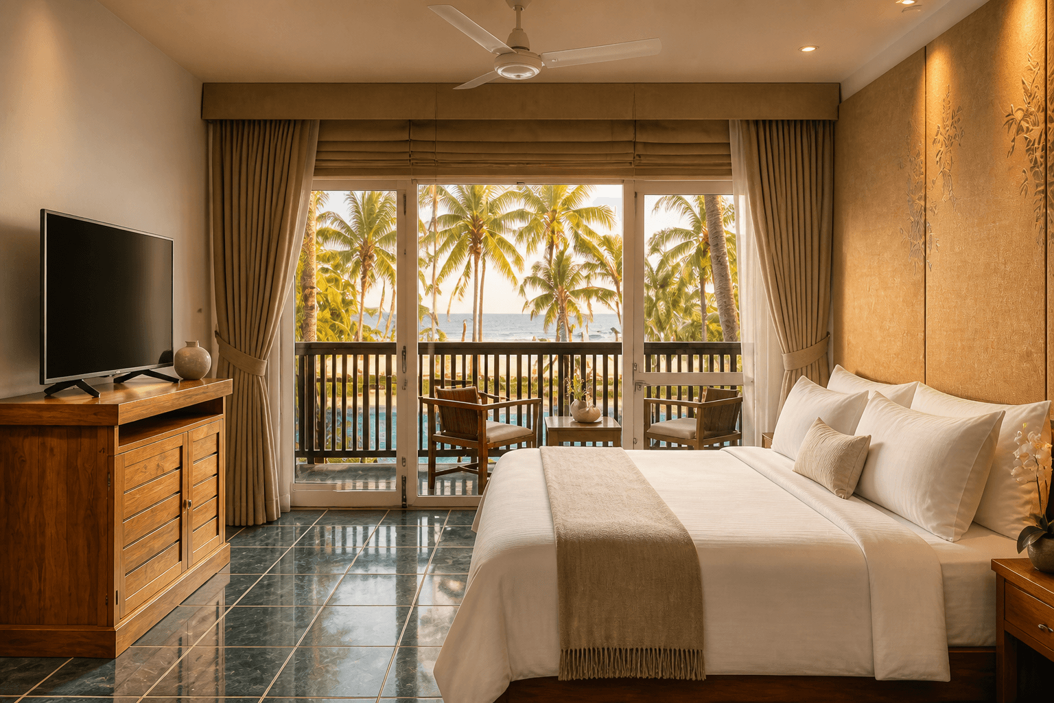 A bright ocean-view suite with white linens and tropical light